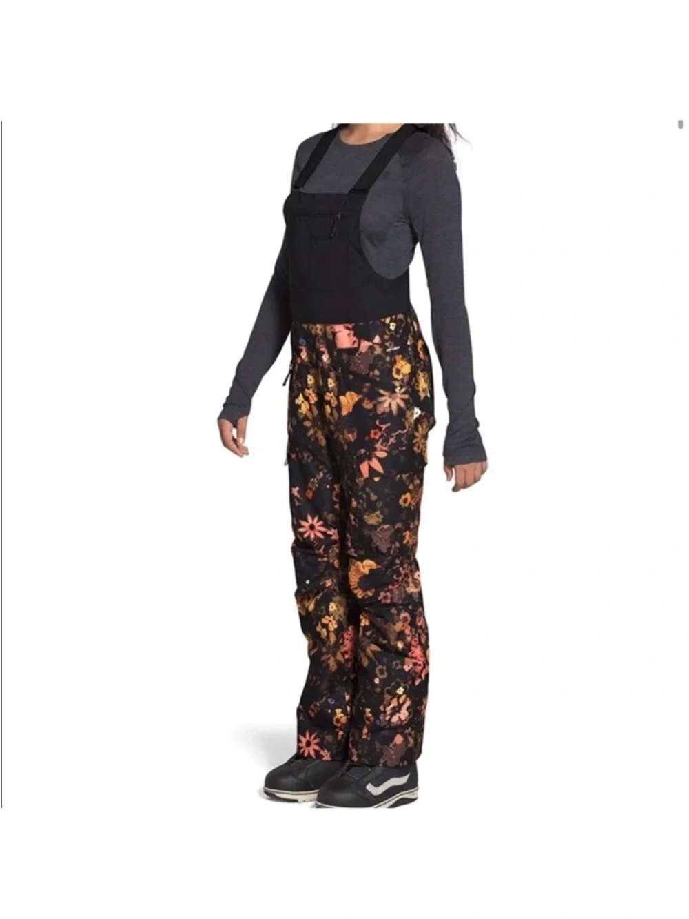 The North Face Black Floral Snow Bibs with Orange & Pink Accents - Picture 4 of 10